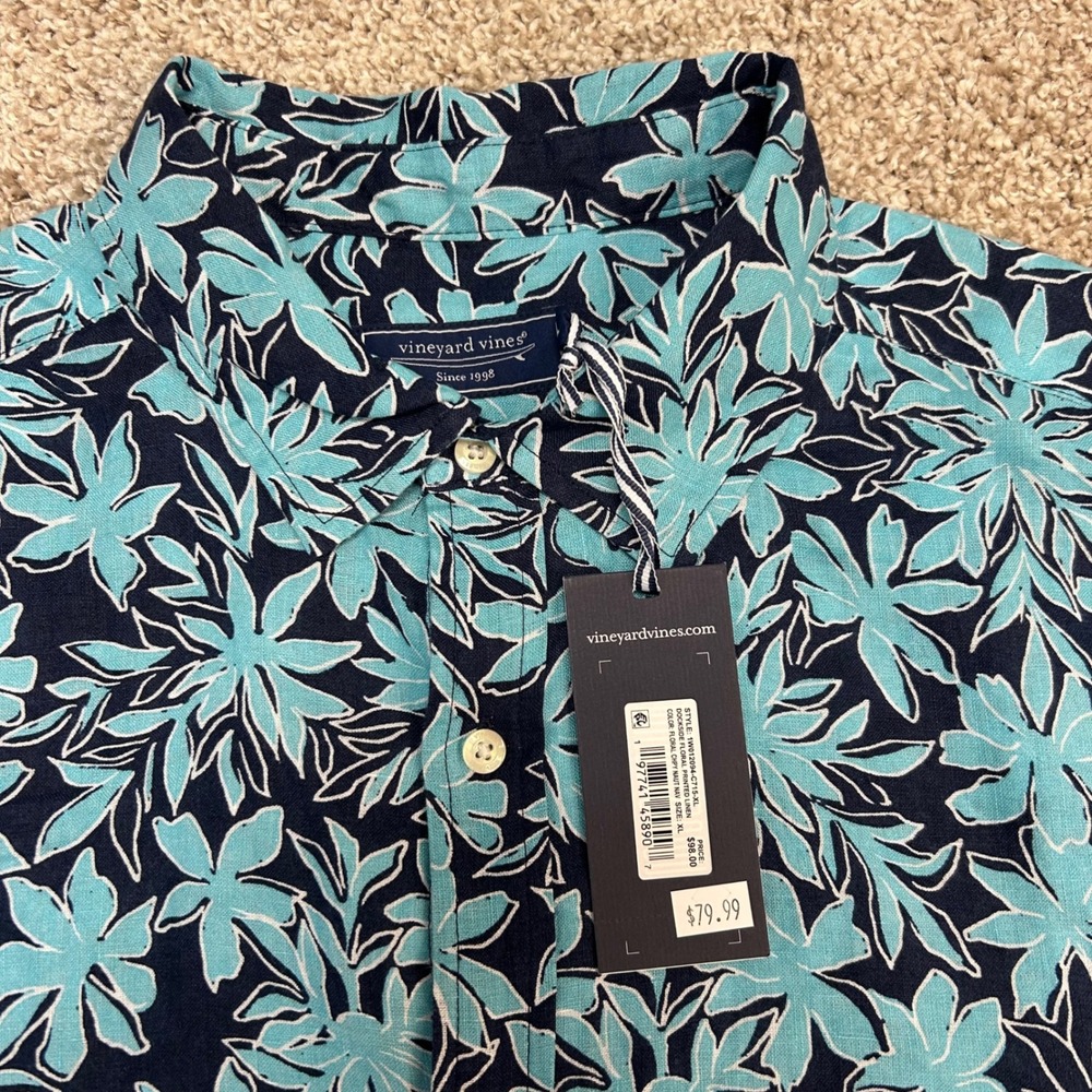 NWT Vineyard Vines Dockside Floral Printed Linen Shirt Men Size XL Navy Blue - Picture 7 of 9
